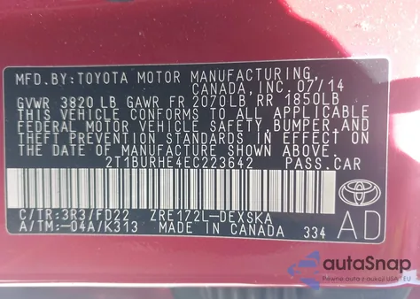 2014 Toyota Corolla S Plus from USA, damaged, VIN 2T1BURHE4EC223642
